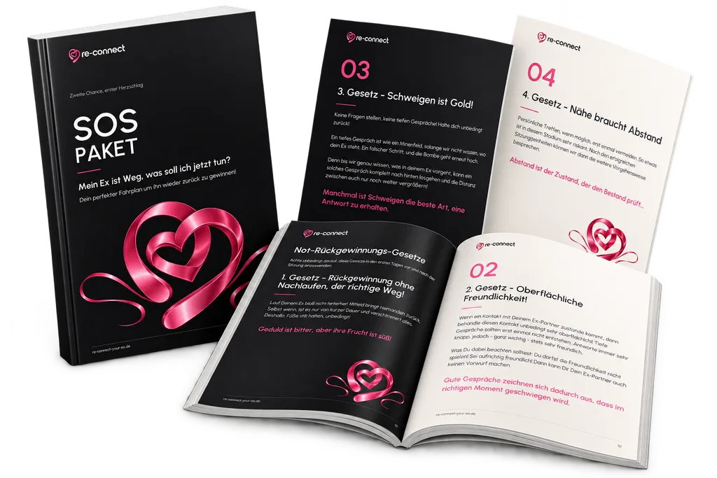 Das ReConnect SOS-Paket als PDF: Titelseite „Mein Ex ist weg, was soll ich jetzt tun?“ und aufgefächerte Seiten mit den Rückgewinnungs-Gesetzen
