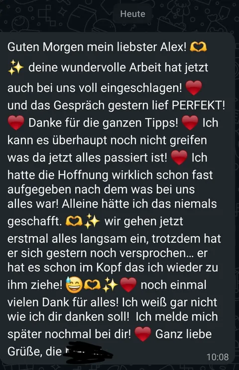 WhatsApp-Nachricht an Alex: Das Gespräch gestern lief perfekt, danke für die ganzen Tipps. Wir gehen jetzt alles langsam an.