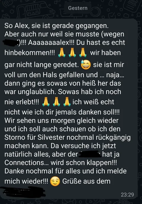 WhatsApp-Nachricht an Alex: Sie ist mir um den Hals gefallen, wir sehen uns morgen gleich wieder.