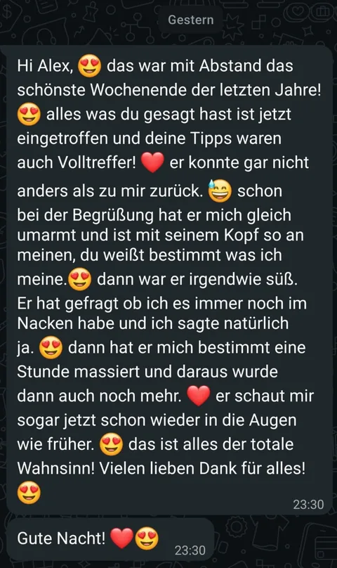 WhatsApp-Nachricht an Alex: Das war mit Abstand das schönste Wochenende der letzten Jahre, deine Tipps waren Volltreffer.
