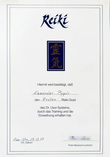 Urkunde: Alexander Pippir hat den ersten Reiki-Grad des Dr. Usui-Systems erhalten, Neu-Ulm 1997
