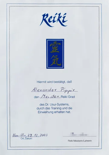 Urkunde: Alexander Pippir hat den Reiki-Meistergrad des Dr. Usui-Systems erhalten, Neu-Ulm 2003